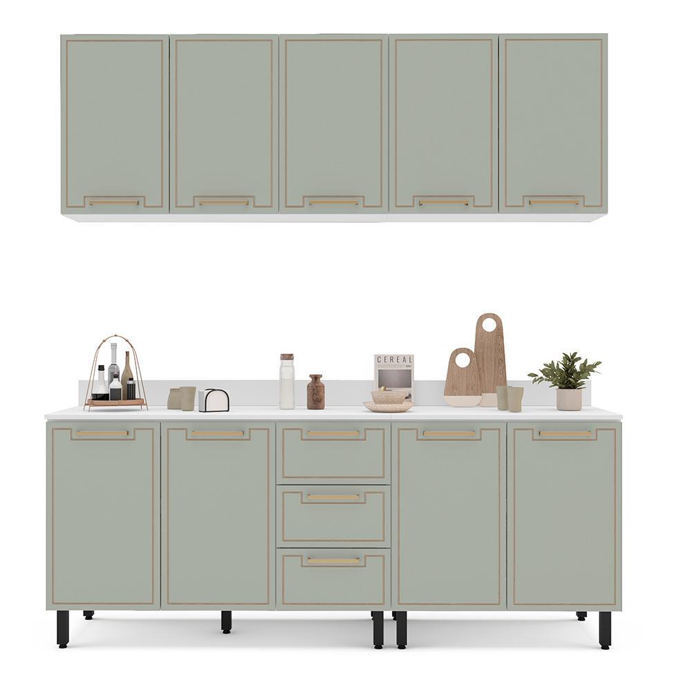 Cozinha Completa com Tampo Amara 9 Portas 3 Gavetas Verde e Branca - 6