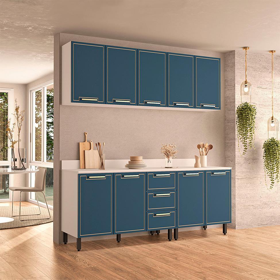 Cozinha Completa com Tampo Amara 9 Portas 3 Gavetas Azul e Branca - 1