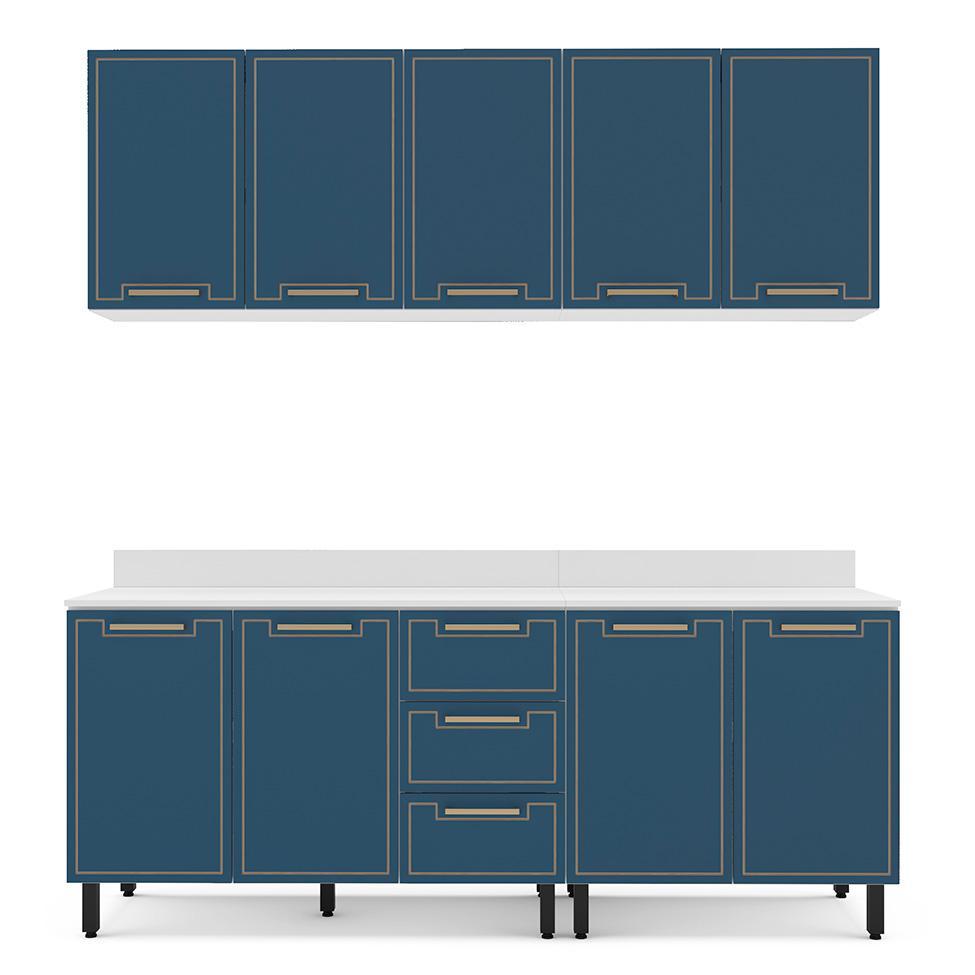 Cozinha Completa com Tampo Amara 9 Portas 3 Gavetas Azul e Branca - 5