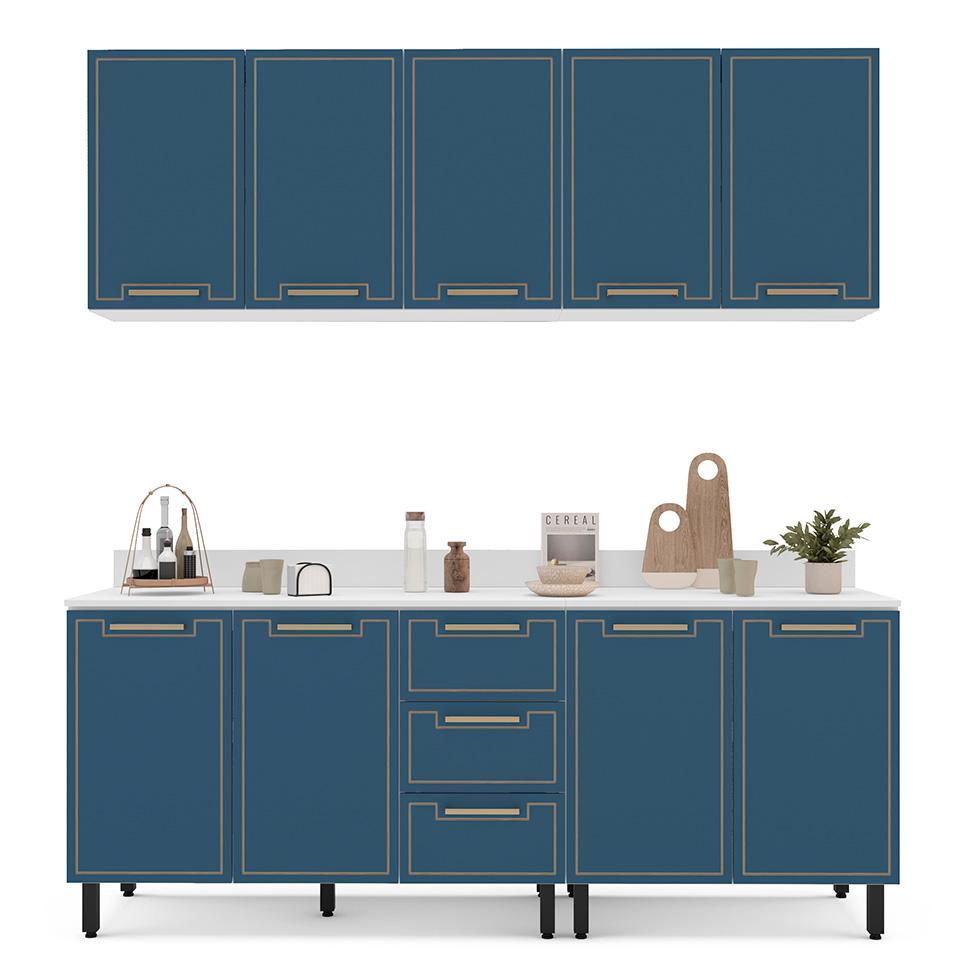 Cozinha Completa com Tampo Amara 9 Portas 3 Gavetas Azul e Branca - 6