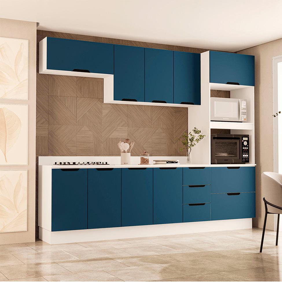 Cozinha Completa com Tampo e Rodapé Meena 10 Portas 4 Gavetas Azul e Branca - 1