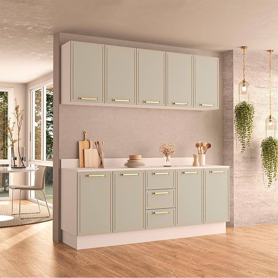 Cozinha Completa com Tampo e Rodapé Amara 9 Portas 3 Gavetas Verde e Branca - 1