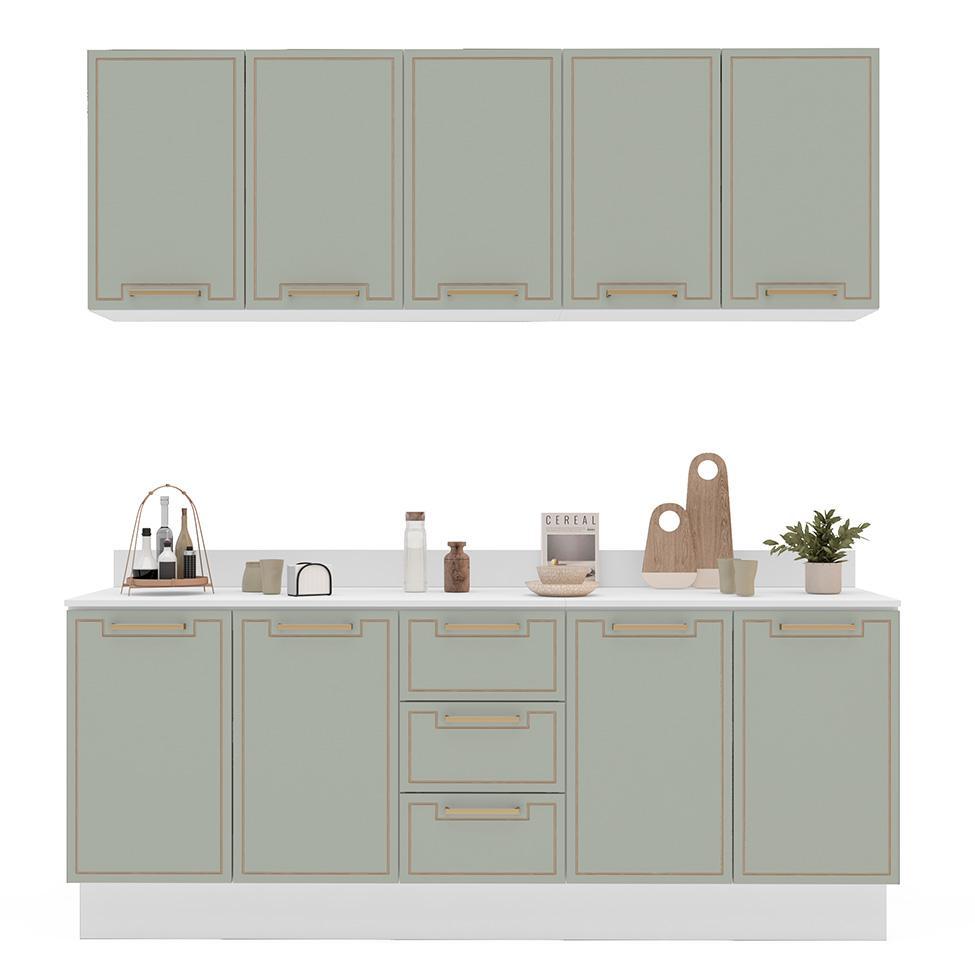 Cozinha Completa com Tampo e Rodapé Amara 9 Portas 3 Gavetas Verde e Branca - 6