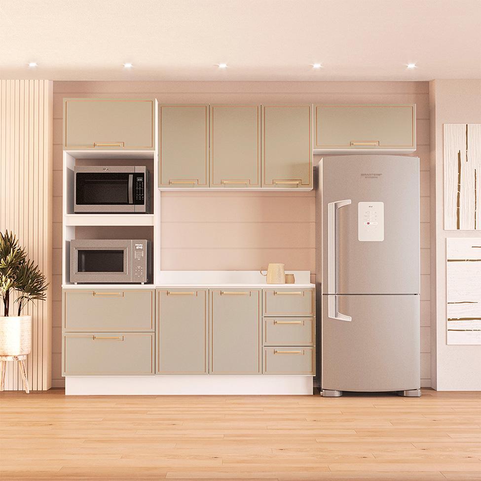 Cozinha Completa com Tampo e Rodapé Amara 8 Portas 4 Gavetas Verde e Branca - 1