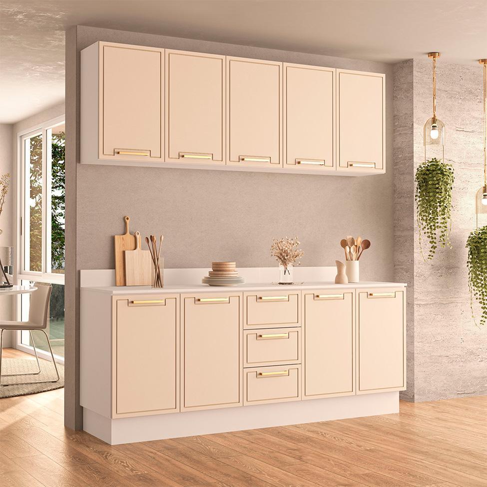 Cozinha Completa com Tampo e Rodapé Amara 9 Portas 3 Gavetas Creme e Branca - 1