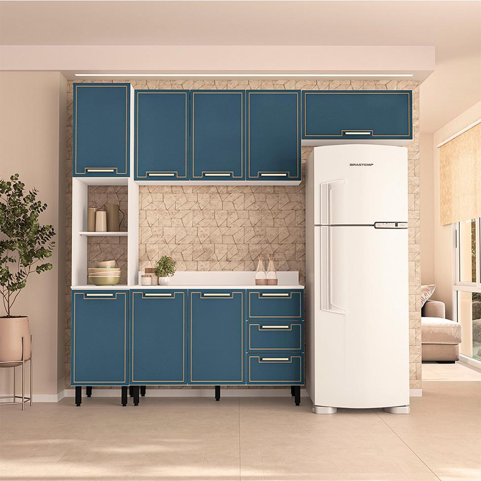 Cozinha Completa com Tampo Amara 8 Portas 3 Gavetas Azul e Branca - 1