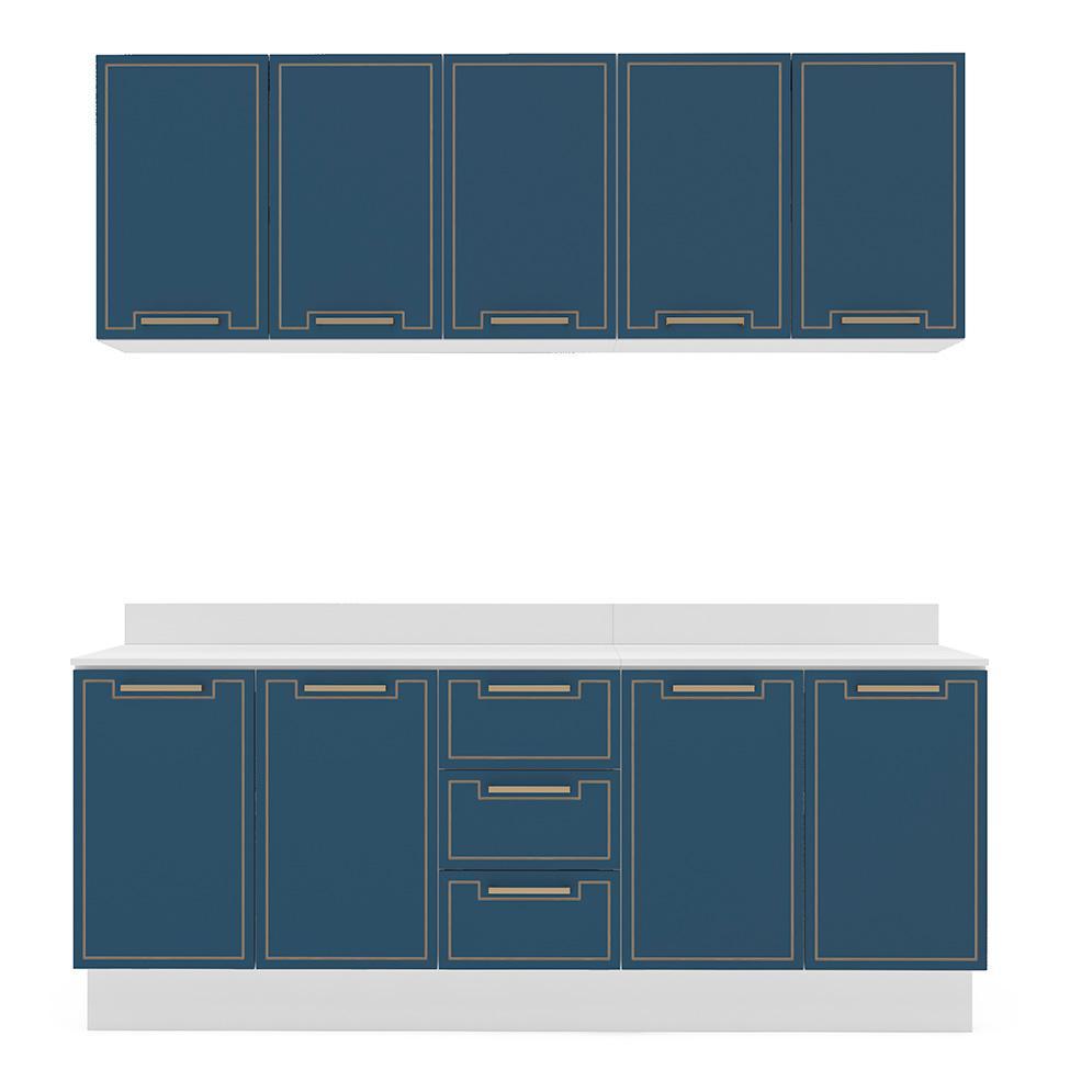 Cozinha Completa com Tampo e Rodapé Amara 9 Portas 3 Gavetas Azul e Branca - 5