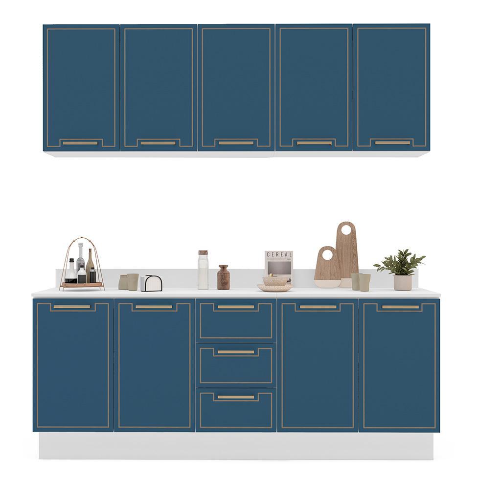 Cozinha Completa com Tampo e Rodapé Amara 9 Portas 3 Gavetas Azul e Branca - 6