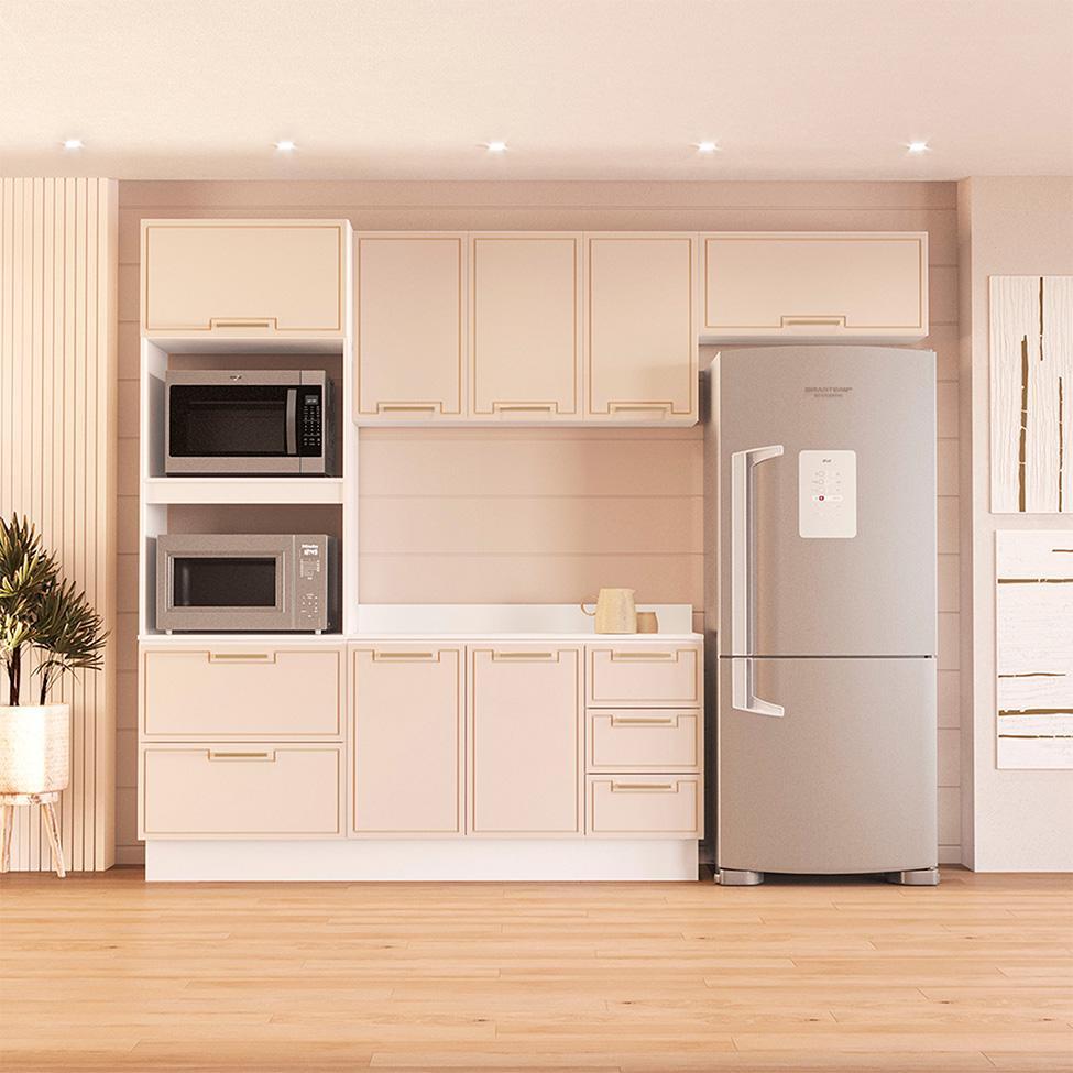 Cozinha Completa com Tampo e Rodapé Amara 8 Portas 4 Gavetas Creme e Branca - 1