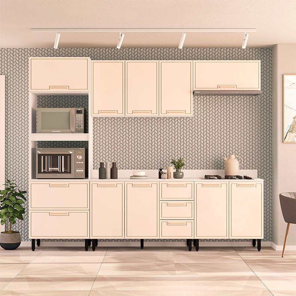 Cozinha Completa com Tampo Amara 10 Portas 4 Gavetas Creme e Branca - 1