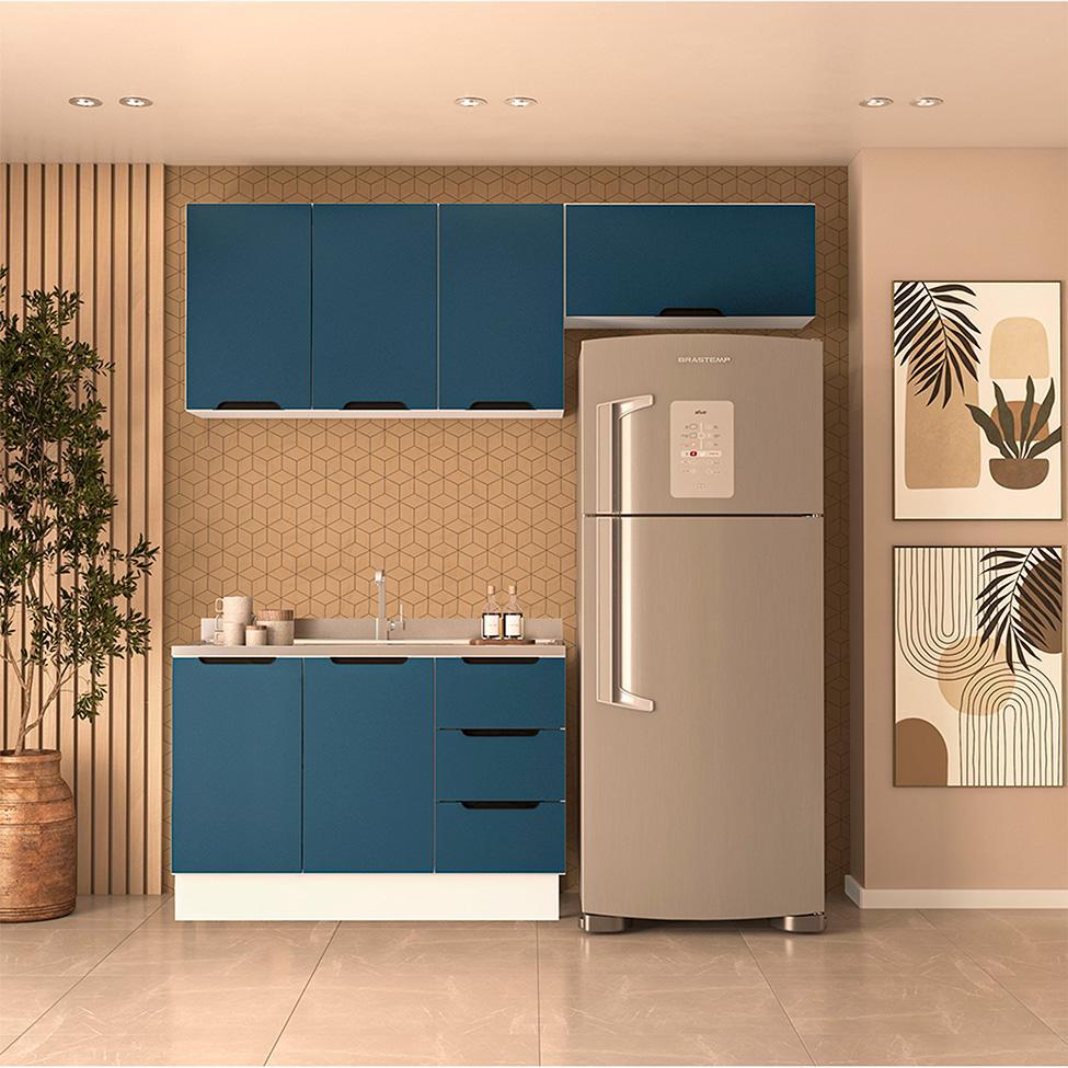 Cozinha Compacta sem Tampo com Rodapé Meena 6 Portas 3 Gavetas Azul e Branca - 1