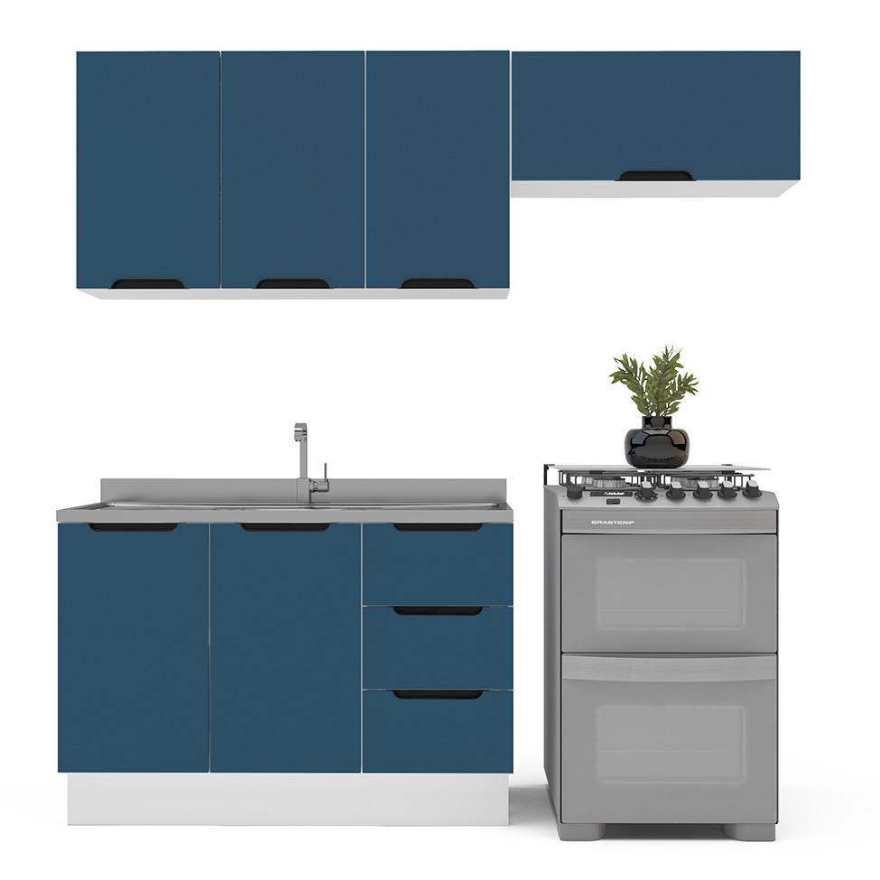 Cozinha Compacta sem Tampo com Rodapé Meena 6 Portas 3 Gavetas Azul e Branca - 6