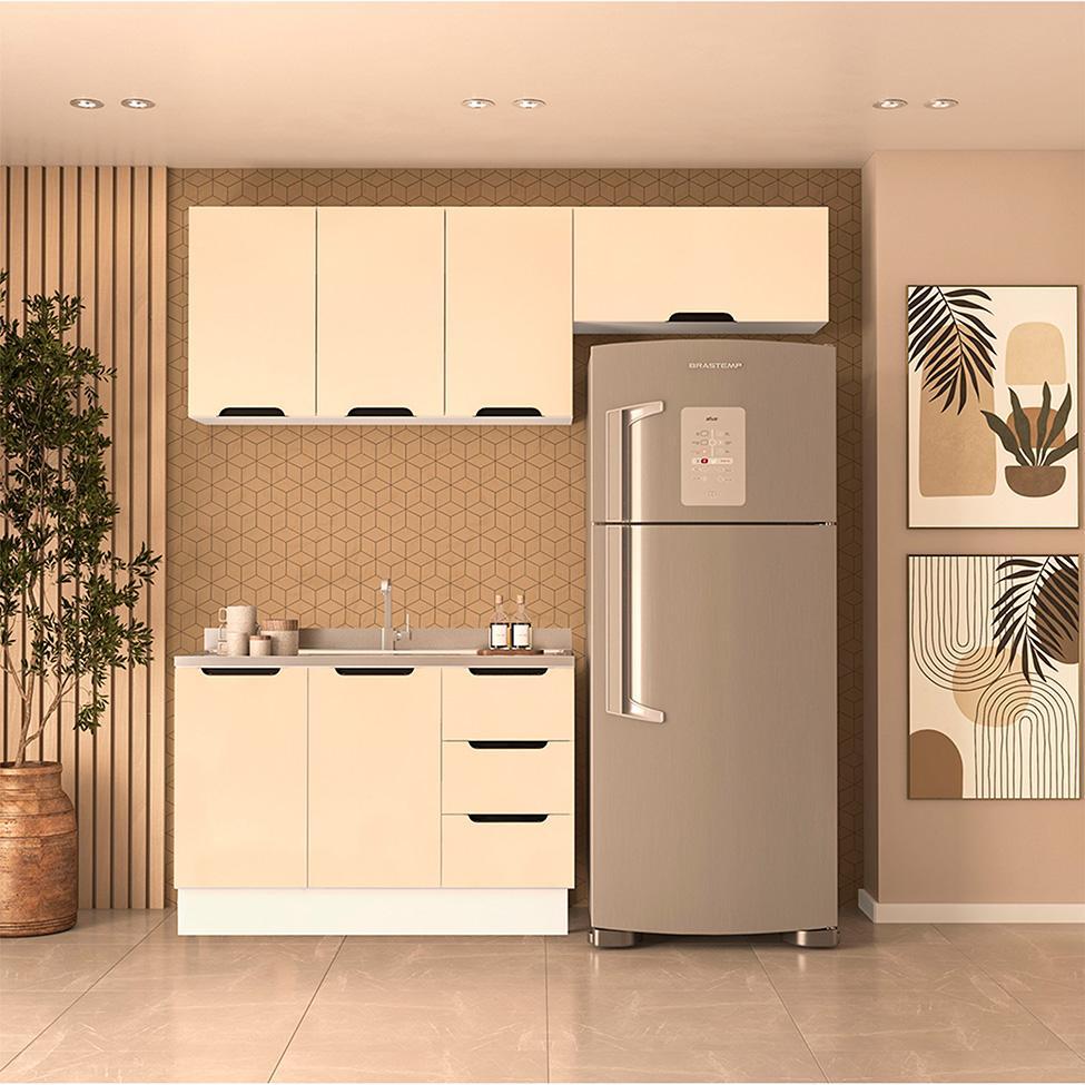 Cozinha Compacta sem Tampo com Rodapé Meena 6 Portas 3 Gavetas Creme e Branca - 1