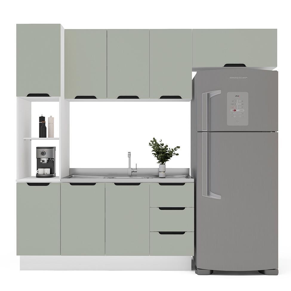 Cozinha Compacta Sem Tampo com Rodapé Meena 8 Portas 3 Gavetas Verde e Branca - 6