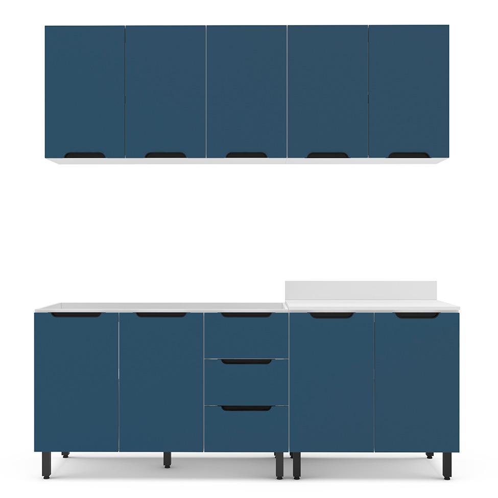 Cozinha Compacta Sem Tampo Meena 9 Portas 3 Gavetas Azul e Branca - 5