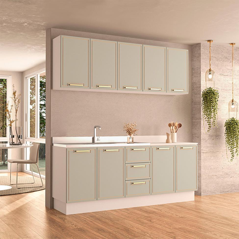 Cozinha Compacta Sem Tampo com Rodapé Amara 9 Portas 3 Gavetas Verde e Branca - 1