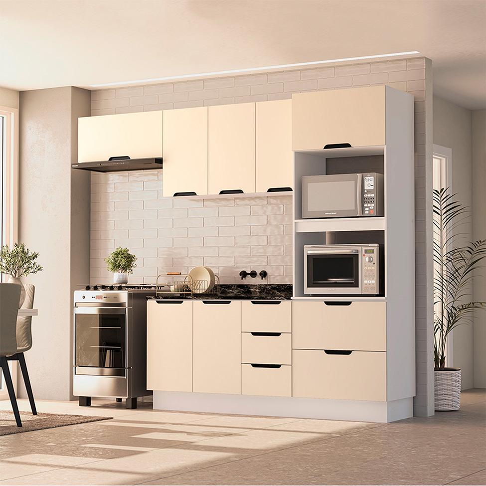 Cozinha Compacta Sem Tampo com Rodapé Meena 8 Portas 4 Gavetas Creme e Branca - 1