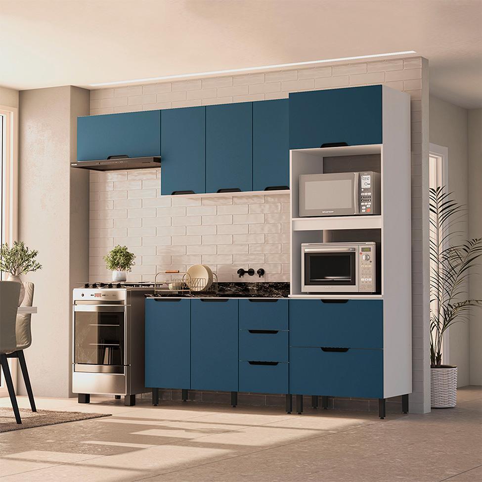Cozinha Compacta Sem Tampo Meena 8 Portas 4 Gavetas Azul e Branca - 1