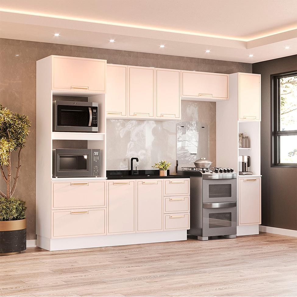 Cozinha Compacta Sem Tampo com Rodapé e Paneleiro Amara 10 Portas 4 Gavetas Creme e Branca - 1