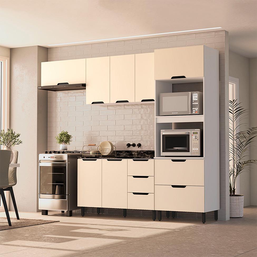 Cozinha Compacta Sem Tampo Meena 8 Portas 4 Gavetas Creme e Branca - 1