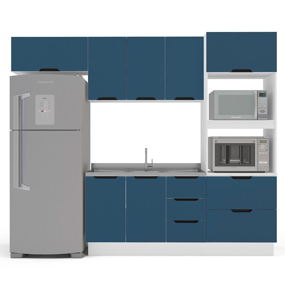 Cozinha Compacta Sem Tampo com Rodapé Meena 8 Portas 4 Gavetas Azul e Branca - 5