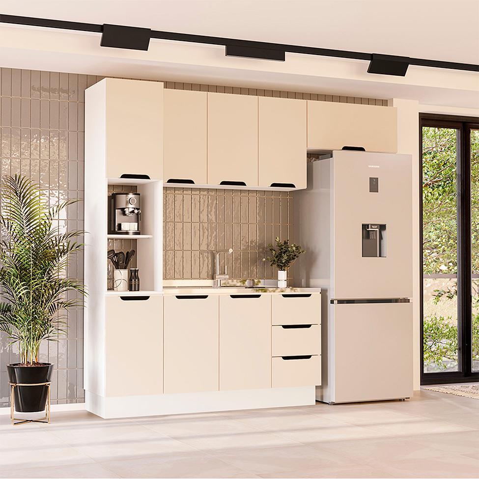 Cozinha Compacta Sem Tampo com Rodapé Meena 8 Portas 3 Gavetas Creme e Branca - 1