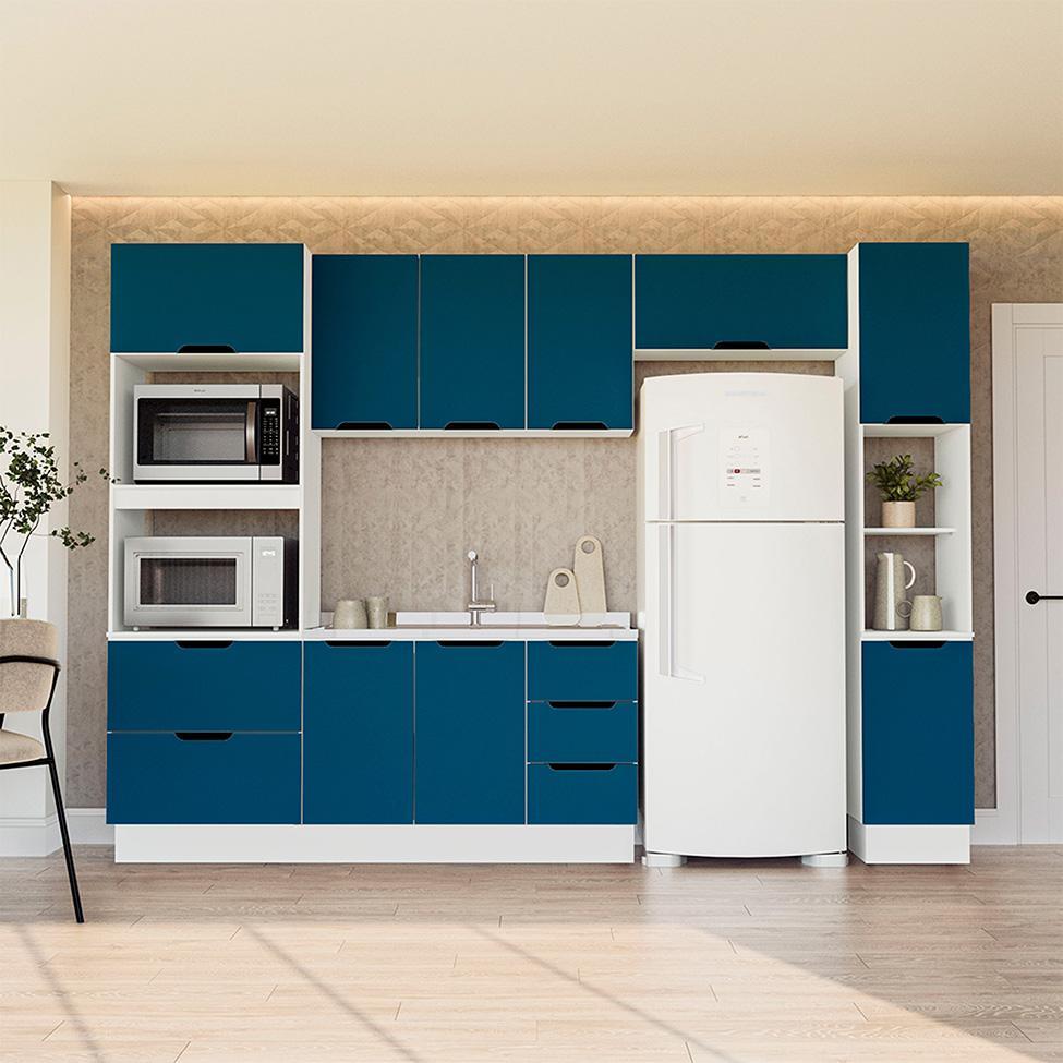 Cozinha Compacta sem Tampo com Rodapé e Paneleiro Meena 10 Portas 4 Gavetas Azul e Branca - 1