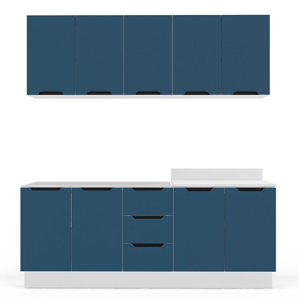 Cozinha Compacta Sem Tampo com Rodapé Meena 9 Portas 3 Gavetas Azul e Branca - 5