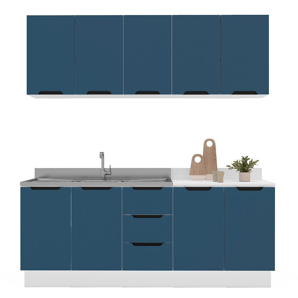 Cozinha Compacta Sem Tampo com Rodapé Meena 9 Portas 3 Gavetas Azul e Branca - 6