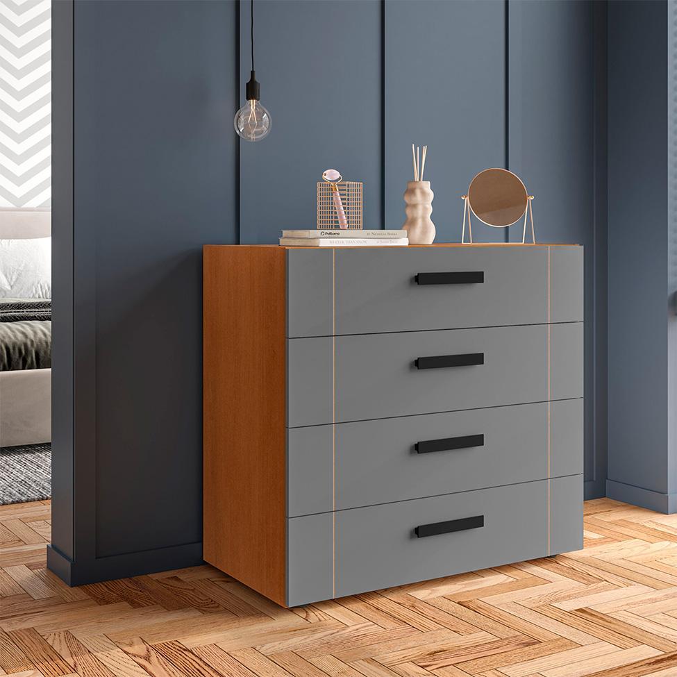 Cômoda Lisboa 4 Gavetas Cinza e Freijó - 4