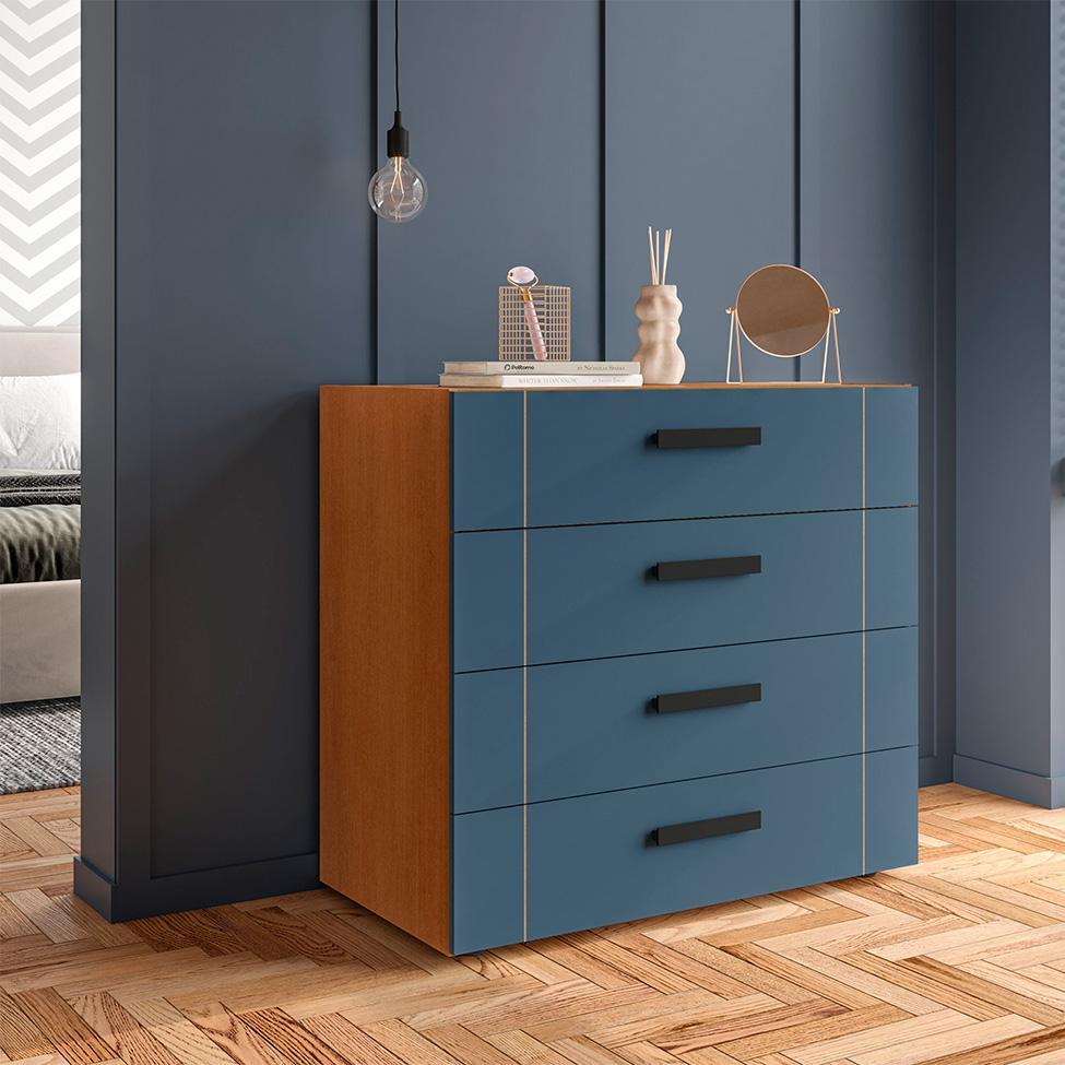 Cômoda Lisboa 4 Gavetas Azul e Freijó - 4