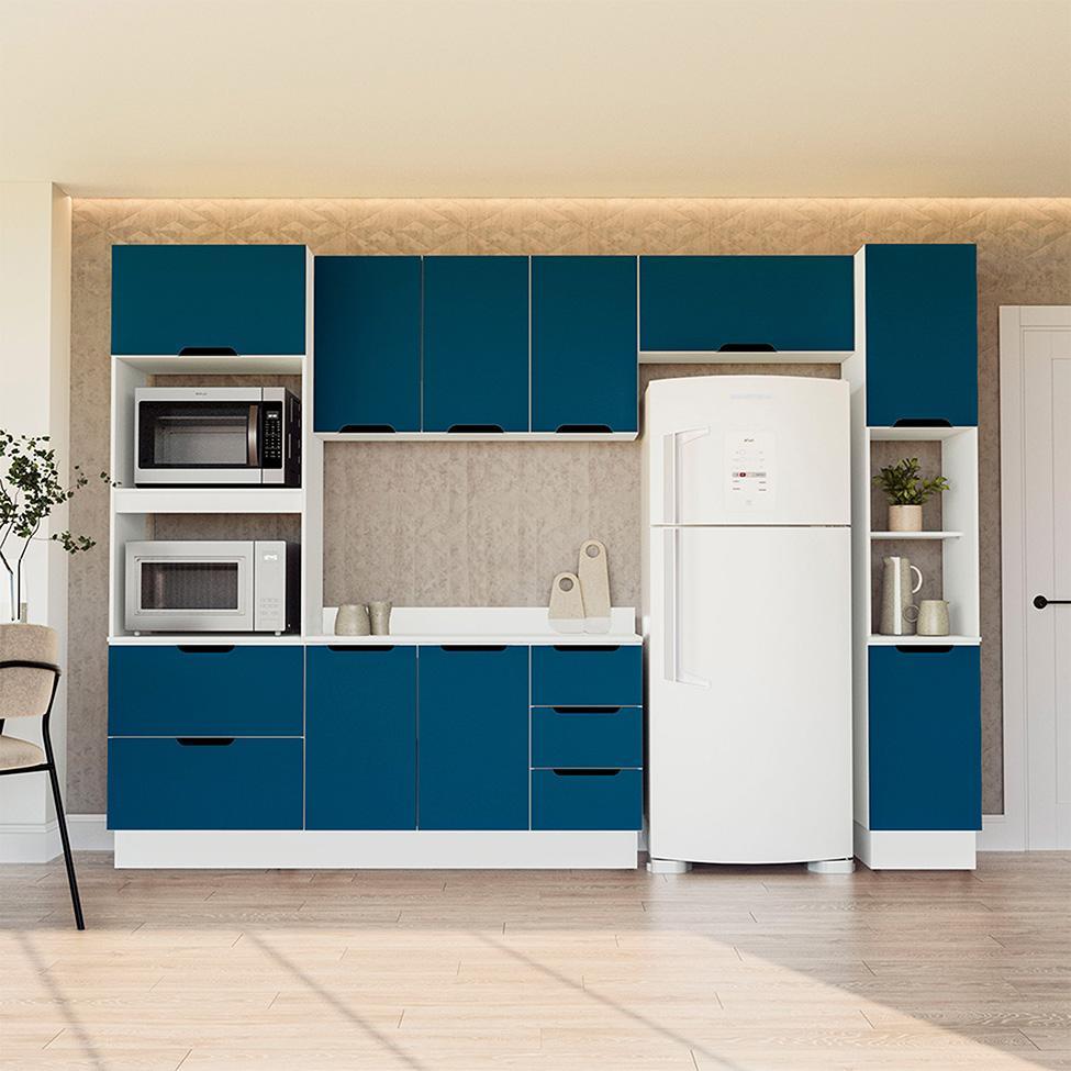 Cozinha Completa com Tampo, Paneleiro e Rodapé Meena 10 Portas 4 Gavetas Azul e Branca - 1