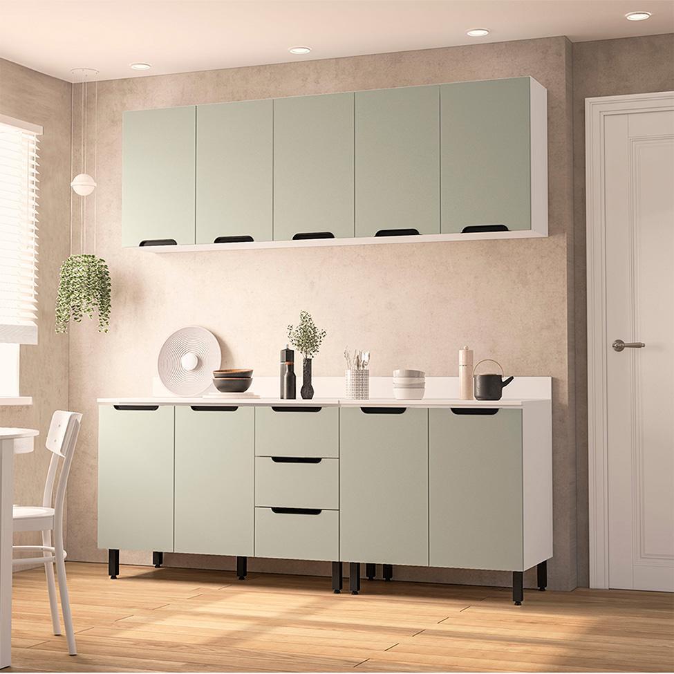 Cozinha Completa com Tampo Meena 9 Portas 3 Gavetas Verde e Branca - 1