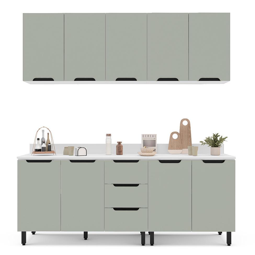 Cozinha Completa com Tampo Meena 9 Portas 3 Gavetas Verde e Branca - 6