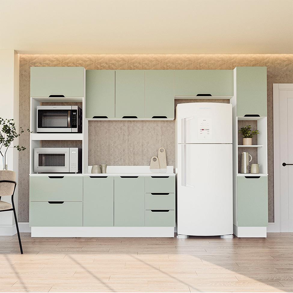 Cozinha Completa com Tampo, Paneleiro e Rodapé Meena 10 Portas 4 Gavetas Verde e Branca - 1