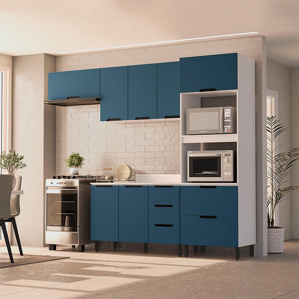 Cozinha Completa com Tampo Meena 8 Portas 4 Gavetas Azul e Branca - 1