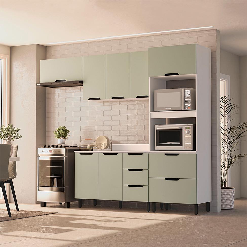 Cozinha Completa com Tampo Meena 8 Portas 4 Gavetas Verde e Branca - 1