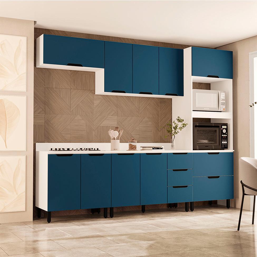 Cozinha Completa com Tampo Meena 10 Portas 4 Gavetas Azul e Branca - 1