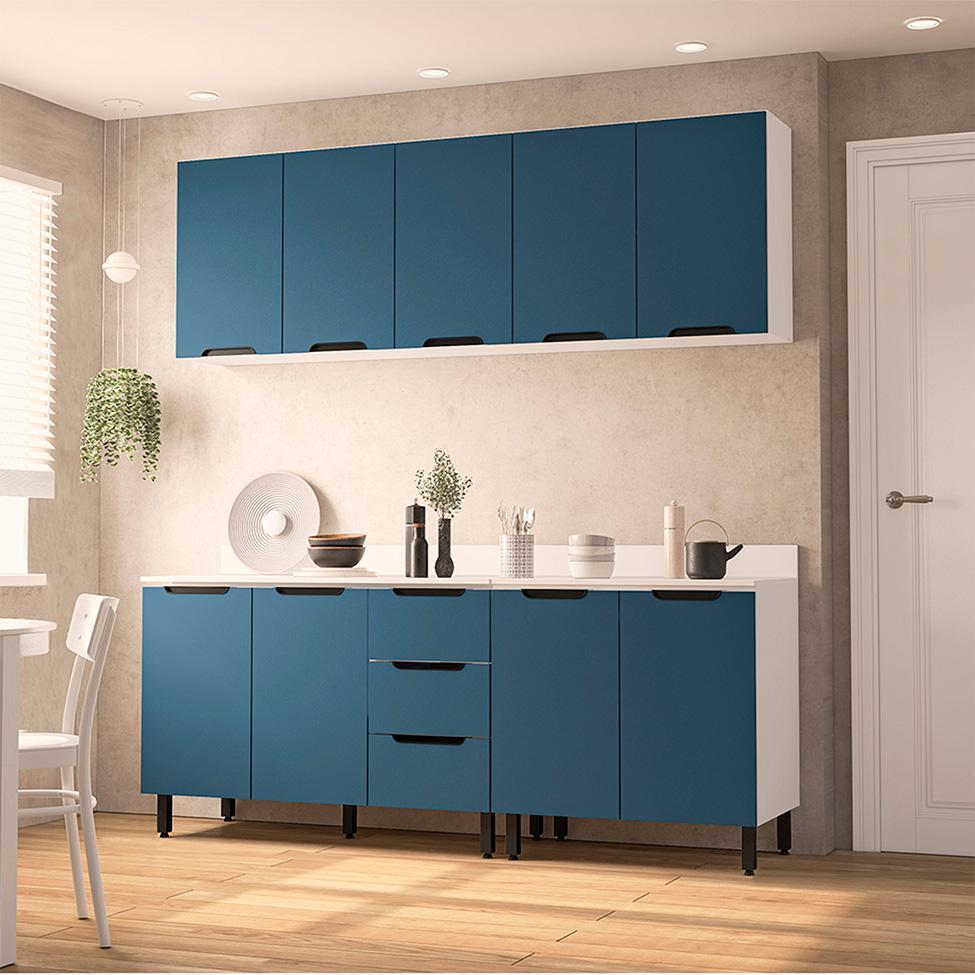 Cozinha Completa com Tampo Meena 9 Portas 3 Gavetas Azul e Branca - 1