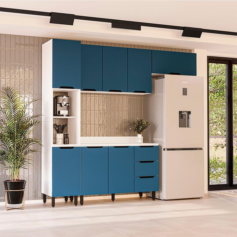 Cozinha Completa com Tampo Meena 8 Portas 3 Gavetas Azul e Branca - 1
