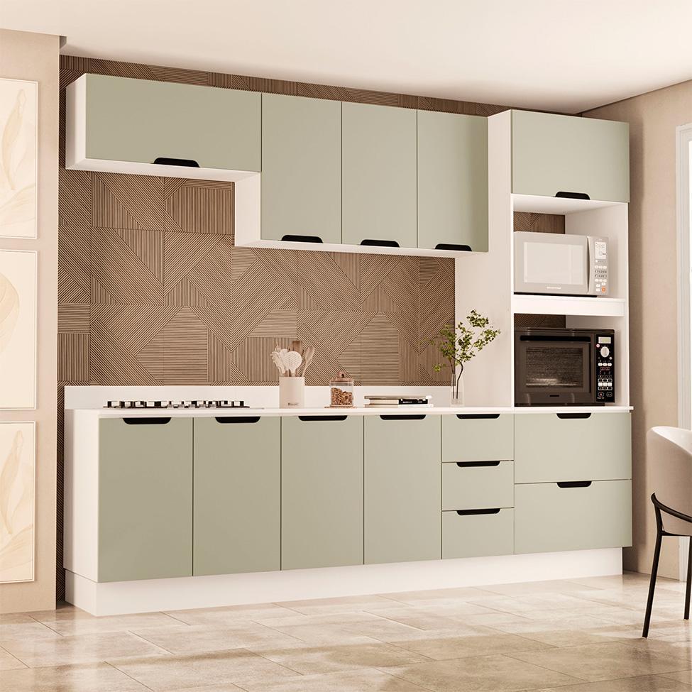 Cozinha Completa com Tampo e Rodapé Meena 10 Portas 4 Gavetas Verde e Branca - 1