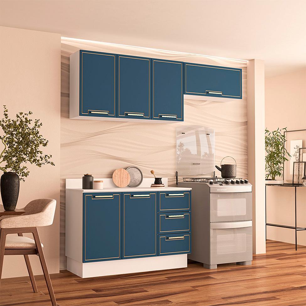 Cozinha Completa com Tampo e Rodapé Amara 6 Portas 3 Gavetas Azul e Branca - 1