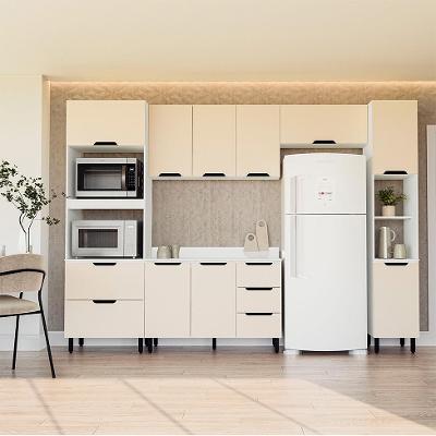 Cozinha Completa com Tampo e Paneleiro Meena 10 Portas 4 Gavetas Creme e Branca