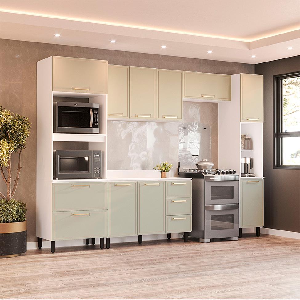 Cozinha Completa com Tampo e Paneleiro Amara 10 Portas 4 Gavetas Verde e Branca - 1