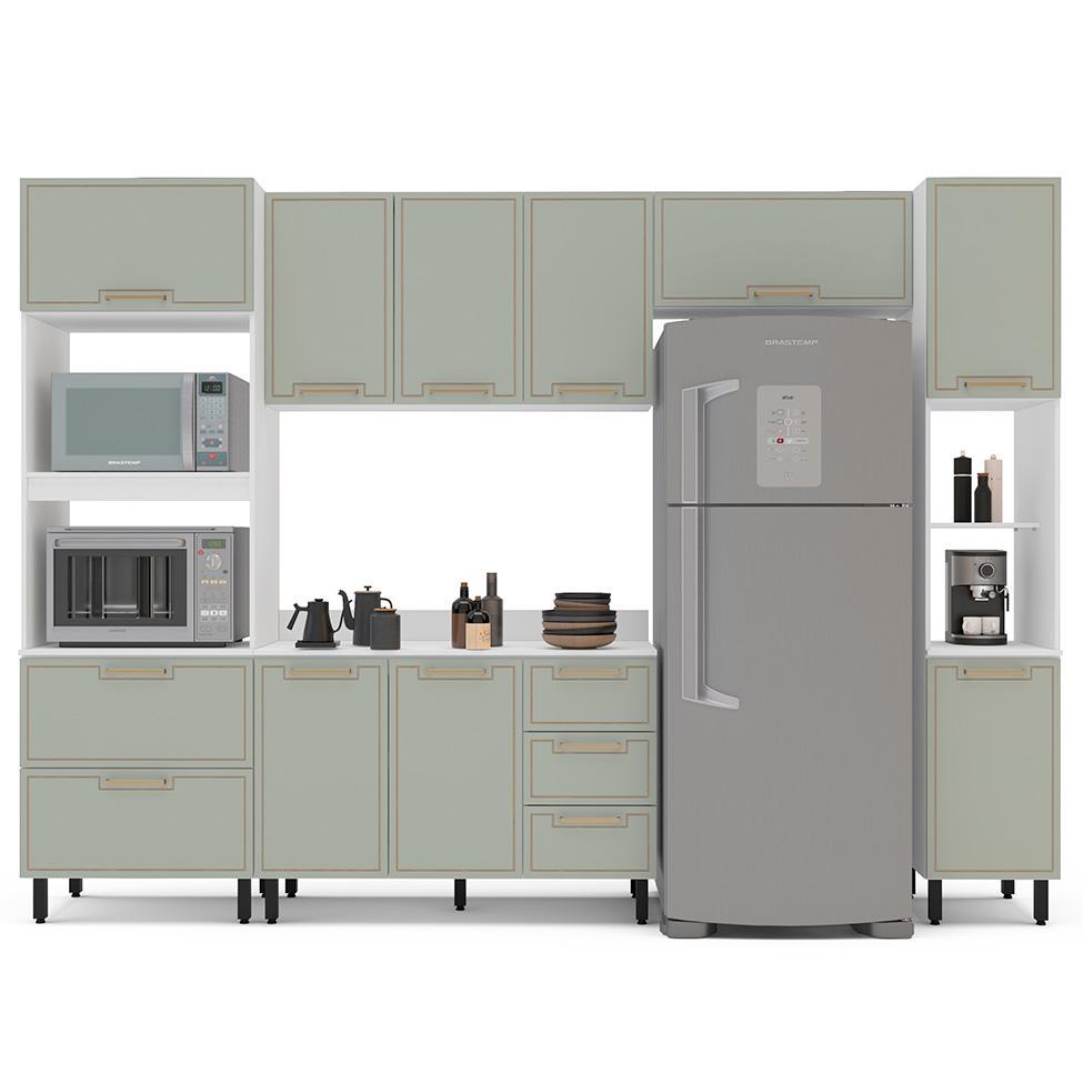 Cozinha Completa com Tampo e Paneleiro Amara 10 Portas 4 Gavetas Verde e Branca - 6