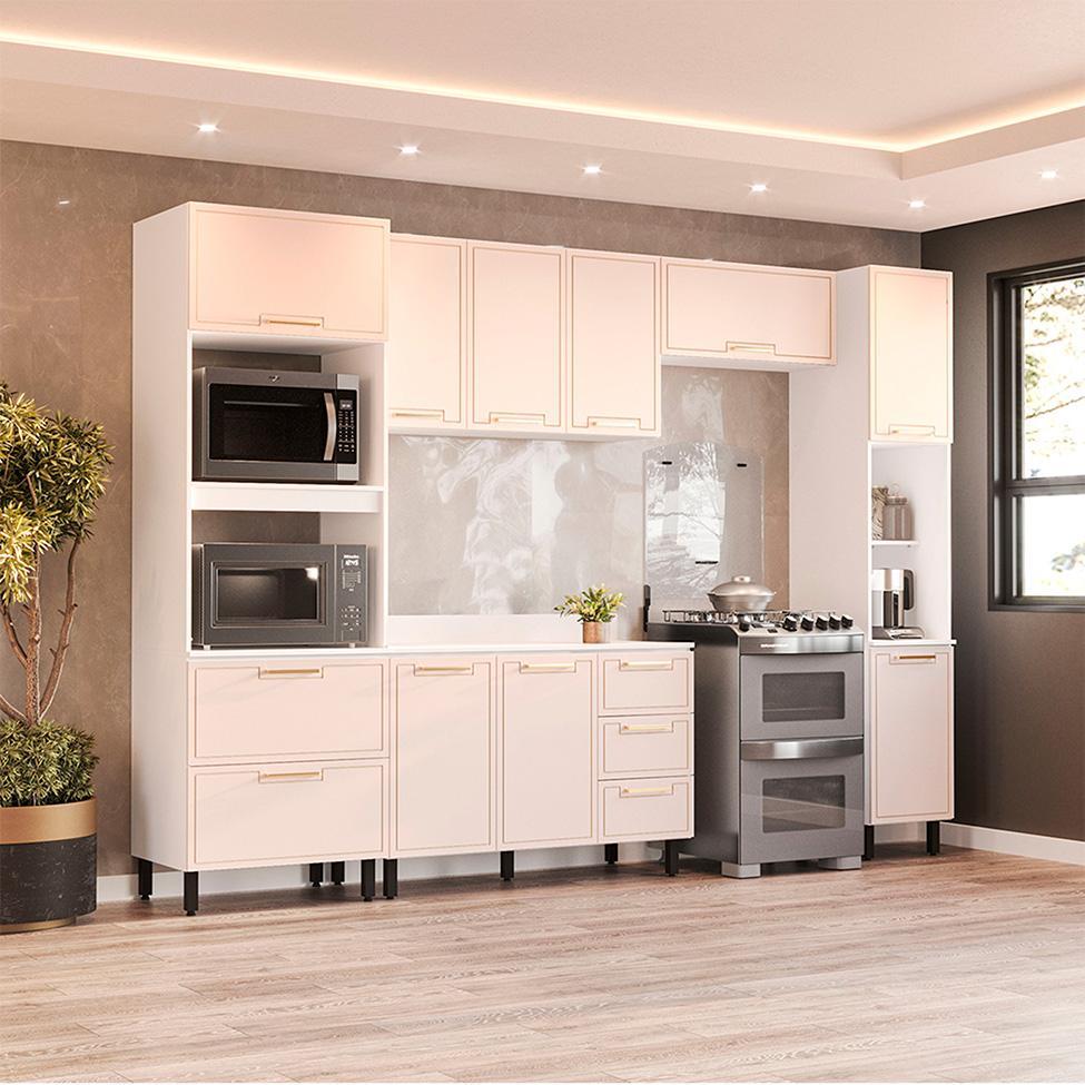 Cozinha Completa com Tampo e Paneleiro Amara 10 Portas 4 Gavetas Creme e Branca - 1