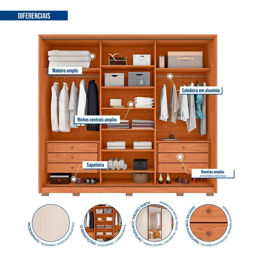 Guarda-Roupa Casal com Espelho Amara 3 Portas 6 Gavetas Freijó e Off White - 2