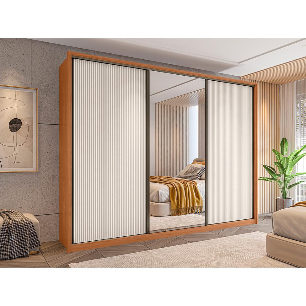 Guarda-Roupa Casal com Espelho Amara 3 Portas 6 Gavetas Freijó e Off White - 5