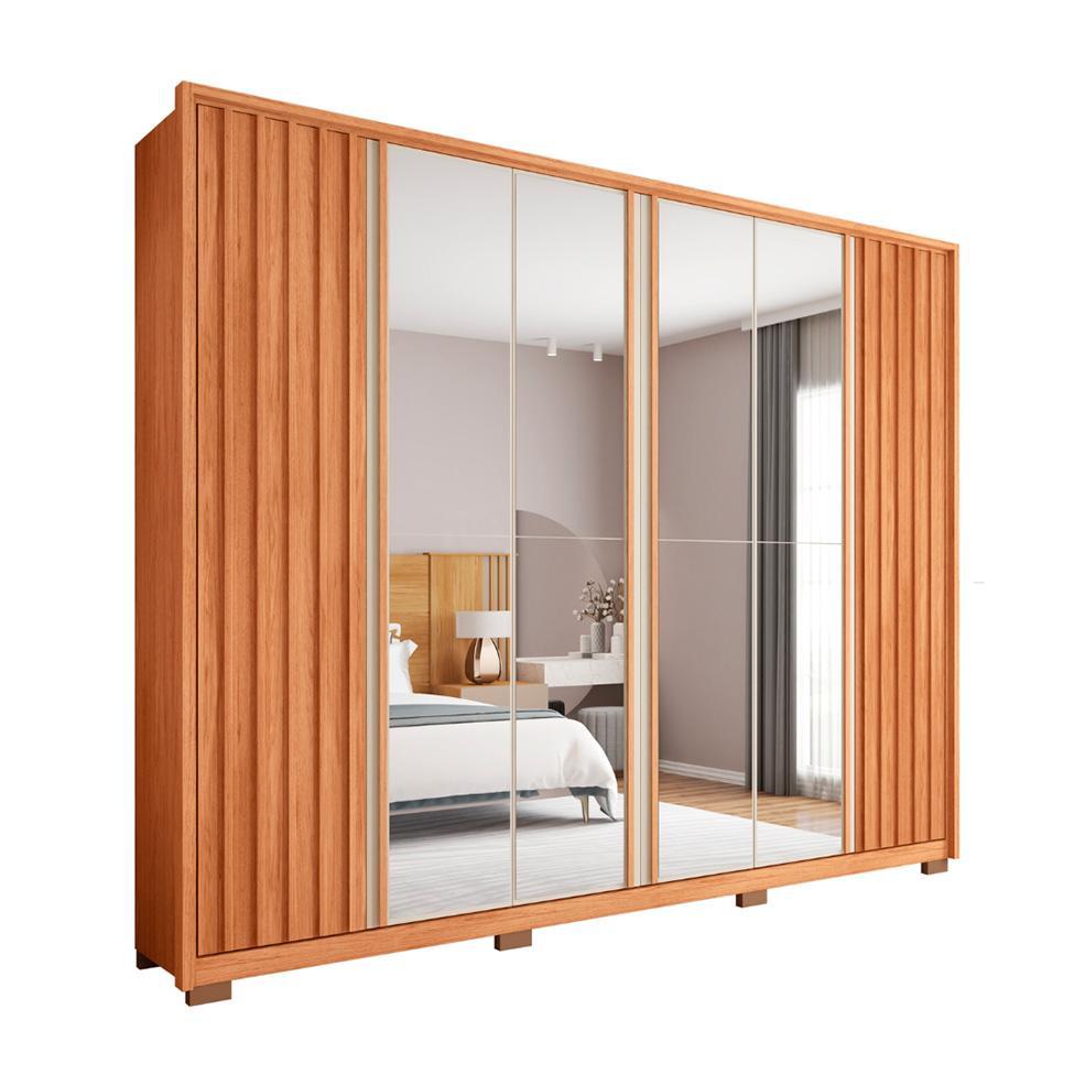 Guarda-Roupa Casal com Espelho Apollo Ripado 6 Portas 4 Gavetas Freijó e Off White - 1