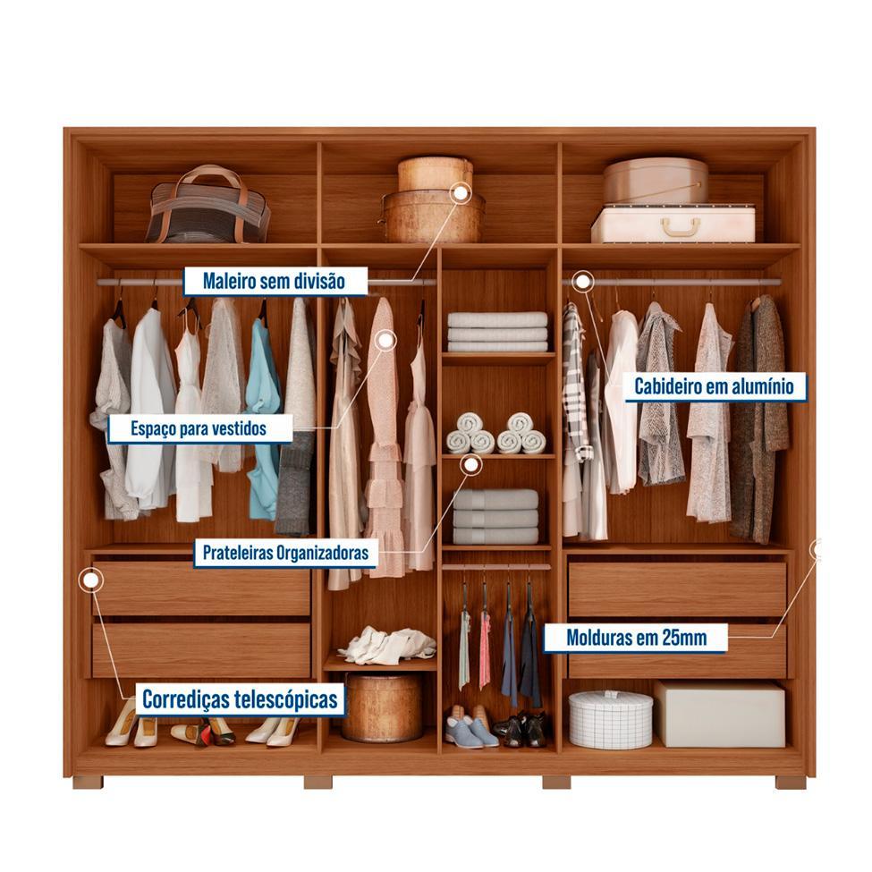 Guarda-Roupa Casal com Espelho Apollo Ripado 6 Portas 4 Gavetas Freijó e Off White - 4